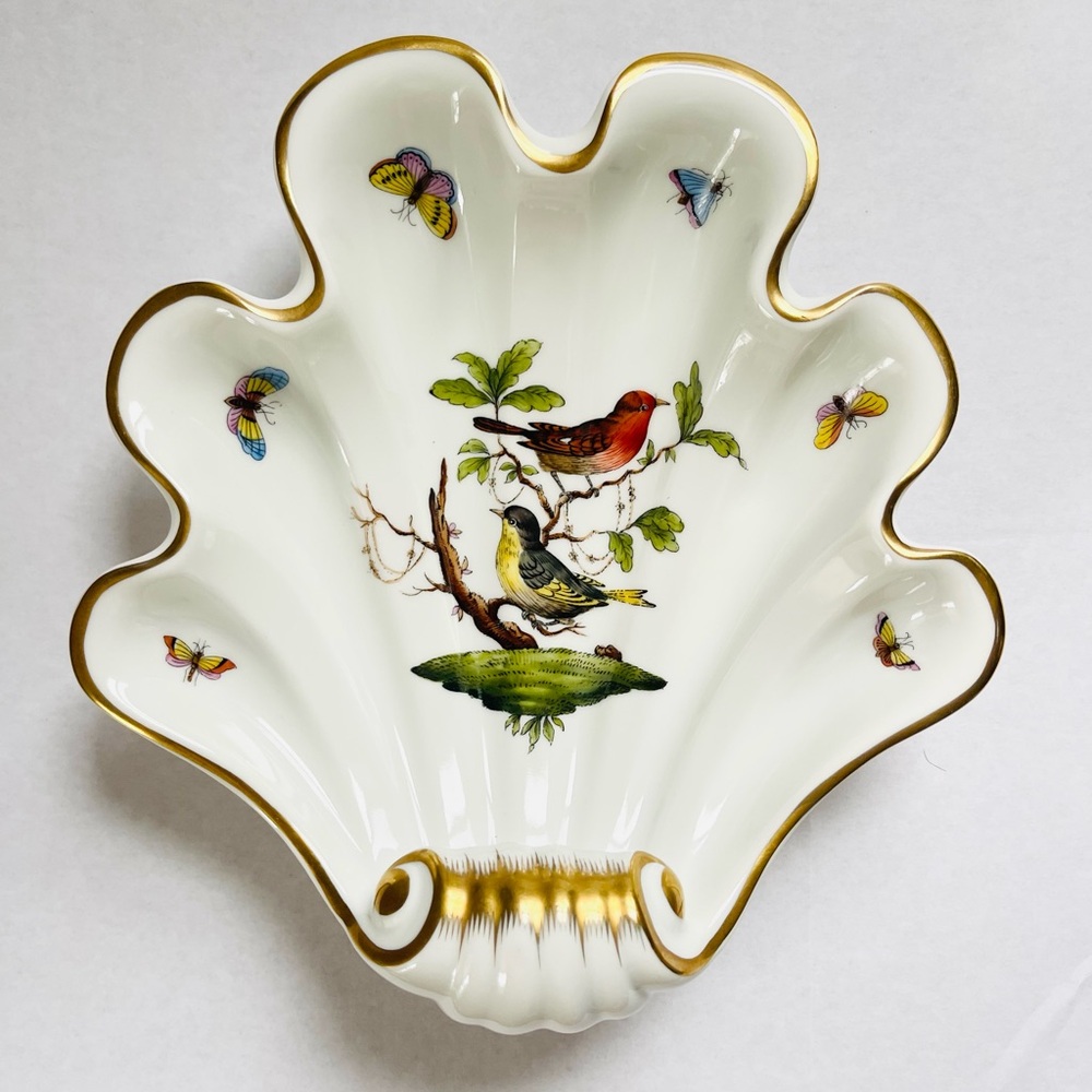 Herend Handpainted Gold Trim Ruffled Scallop Edge Butterfly Bird Decorative Bowl
